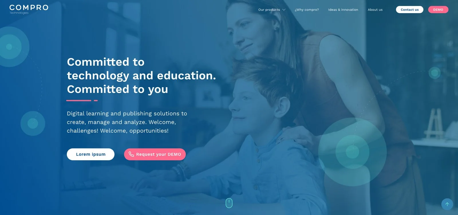 Cabecera del microsite con el mensaje «Committed to technology and education» y una foto de una madre y su hija.